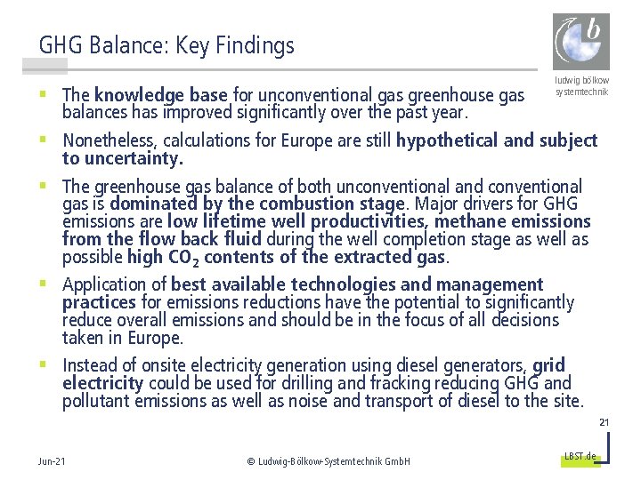 GHG Balance: Key Findings ludwig bölkow systemtechnik § The knowledge base for unconventional gas