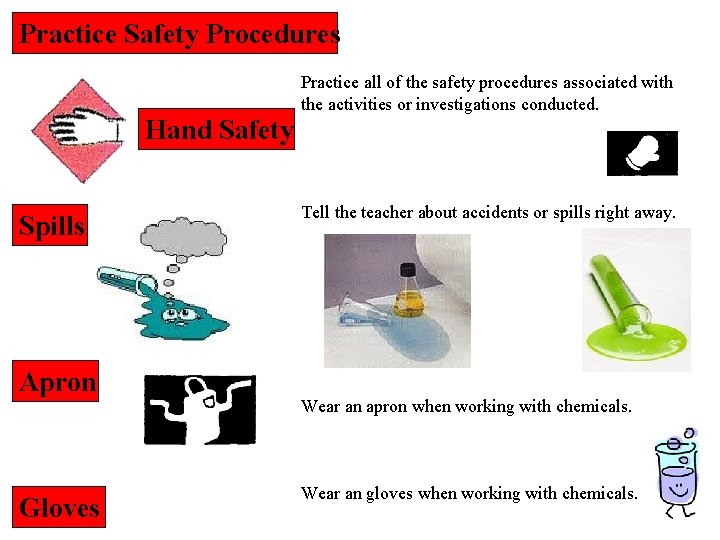 Practice Safety Procedures Be Practice all of the safety procedures associated with the activities Practice Safety Procedures Be Practice all of the safety procedures associated with the activities