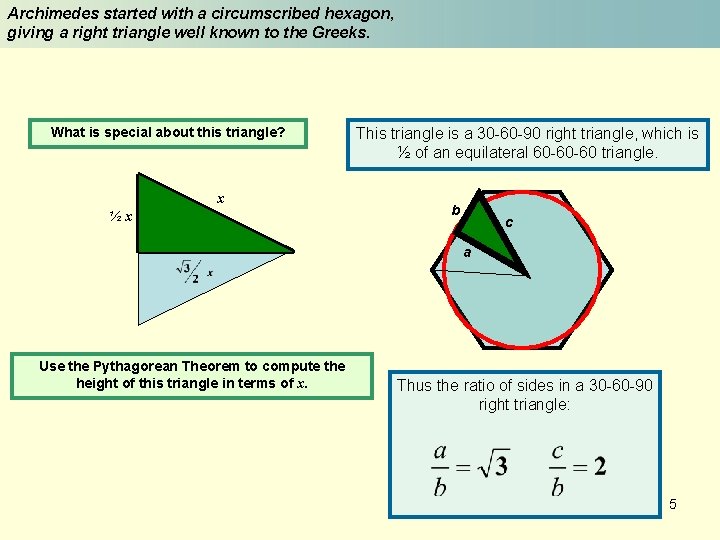 Archimedes started with a circumscribed hexagon, giving a right triangle well known to the