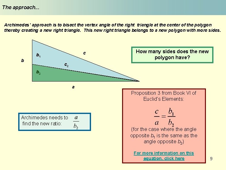 The approach. . . Archimedes’ approach is to bisect the vertex angle of the