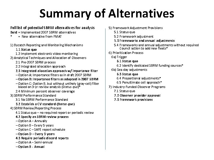 Summary of Alternatives Full list of potential SBRM alternatives for analysis Bold = Implemented