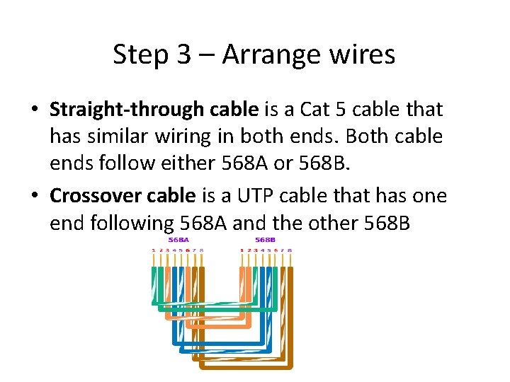 Step 3 – Arrange wires • Straight-through cable is a Cat 5 cable that