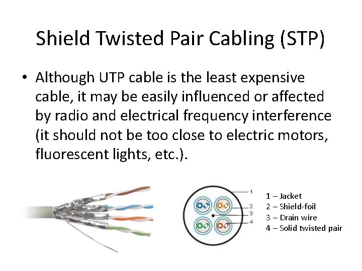 Shield Twisted Pair Cabling (STP) • Although UTP cable is the least expensive cable,