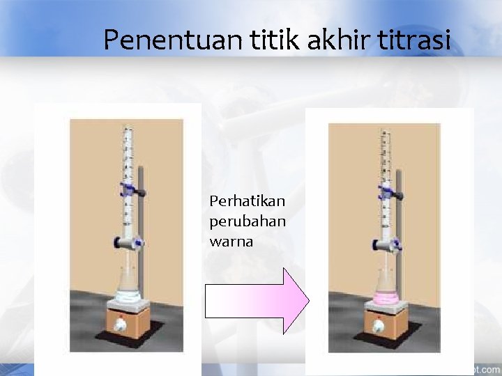Penentuan titik akhir titrasi Perhatikan perubahan warna 