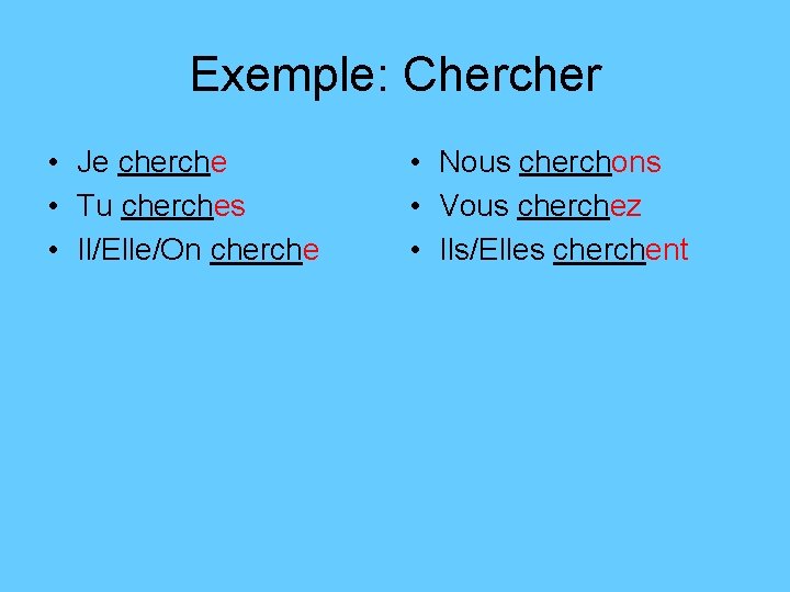 Exemple: Chercher • Je cherche • Tu cherches • Il/Elle/On cherche • Nous cherchons