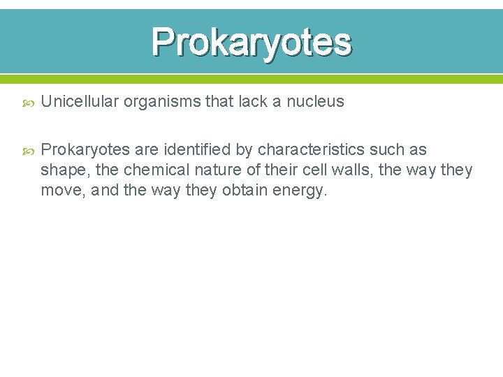 Prokaryotes Unicellular organisms that lack a nucleus Prokaryotes are identified by characteristics such as