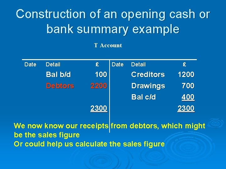 Construction of an opening cash or bank summary example T Account Date Detail Bal