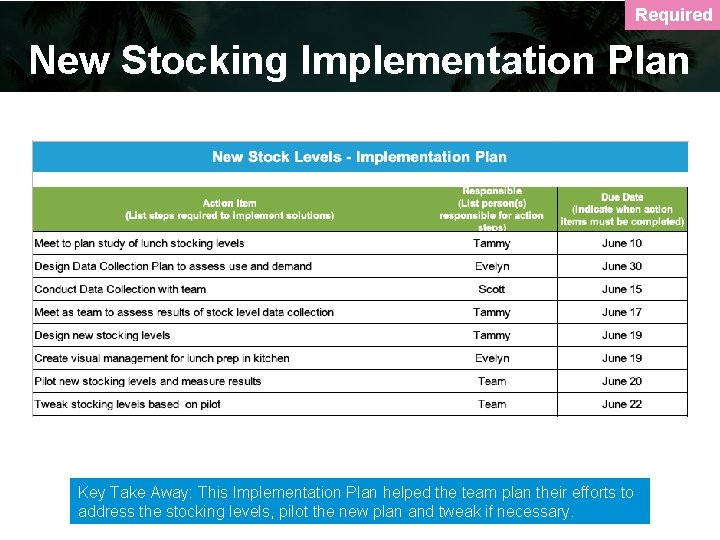 Required New Stocking Implementation Plan Key Take Away: This Implementation Plan helped the team