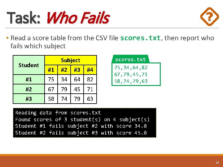 Task: Who Fails • Read a score table from the CSV file scores. txt,