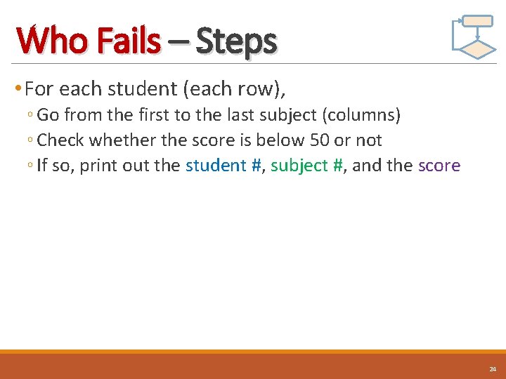 Who Fails – Steps • For each student (each row), ◦ Go from the