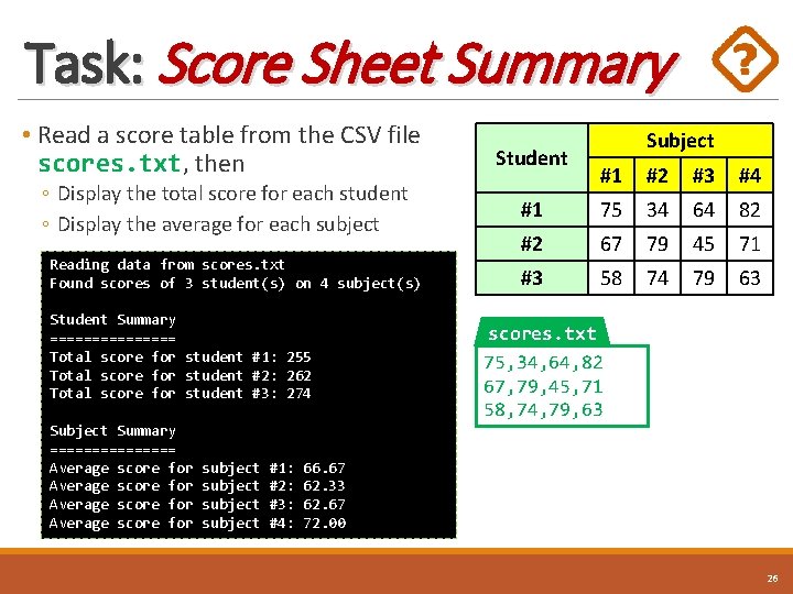 Task: Score Sheet Summary • Read a score table from the CSV file scores.