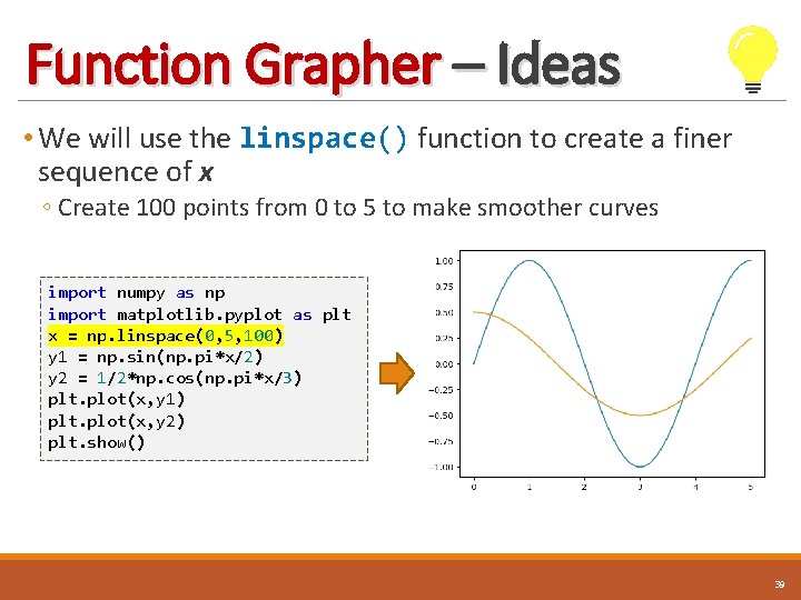 Function Grapher – Ideas • We will use the linspace() function to create a
