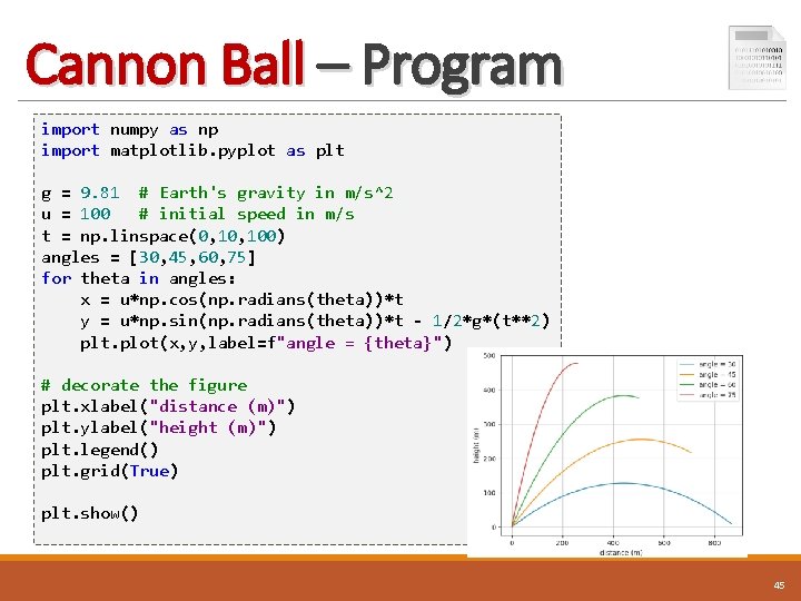 Cannon Ball – Program import numpy as np import matplotlib. pyplot as plt g