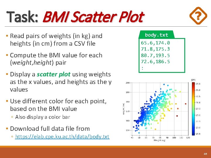 Task: BMI Scatter Plot • Read pairs of weights (in kg) and heights (in