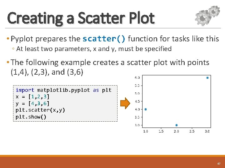 Creating a Scatter Plot • Pyplot prepares the scatter() function for tasks like this
