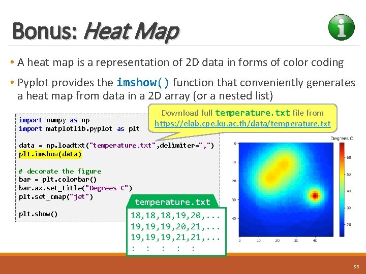 Bonus: Heat Map • A heat map is a representation of 2 D data