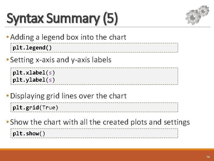 Syntax Summary (5) • Adding a legend box into the chart plt. legend() •