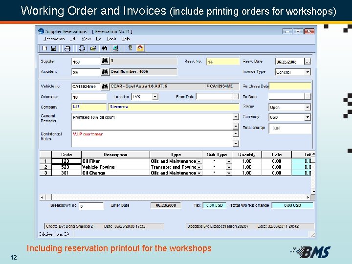 Working Order and Invoices (include printing orders for workshops) Including reservation printout for the