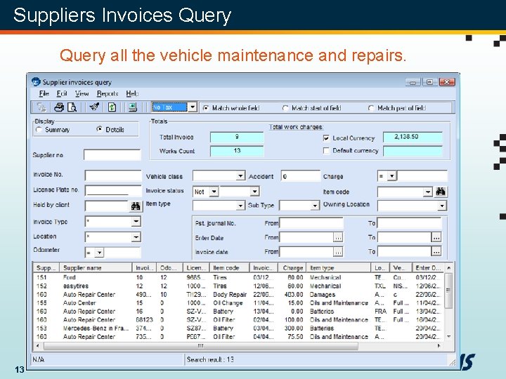 Suppliers Invoices Query all the vehicle maintenance and repairs. 13 