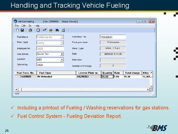 Handling and Tracking Vehicle Fueling ü Including a printout of Fueling / Washing reservations