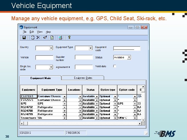 Vehicle Equipment Manage any vehicle equipment, e. g. GPS, Child Seat, Ski-rack, etc. 30