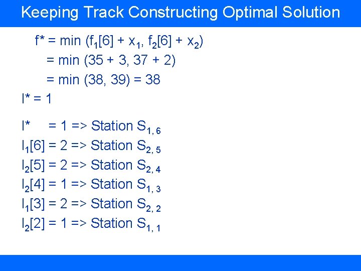 Keeping Track Constructing Optimal Solution f* = min (f 1[6] + x 1, f