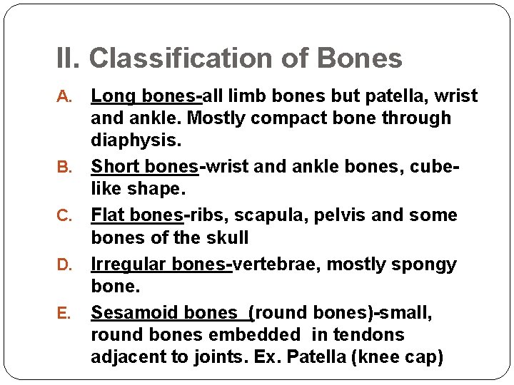 II. Classification of Bones Long bones-all limb bones but patella, wrist and ankle. Mostly