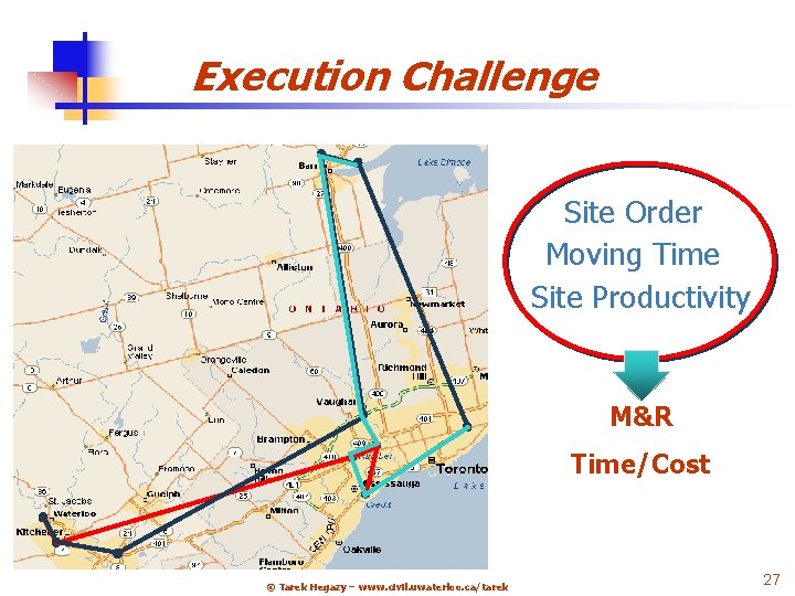 Execution Challenge Site Order Moving Time Site Productivity M&R Time/Cost © Tarek Hegazy –