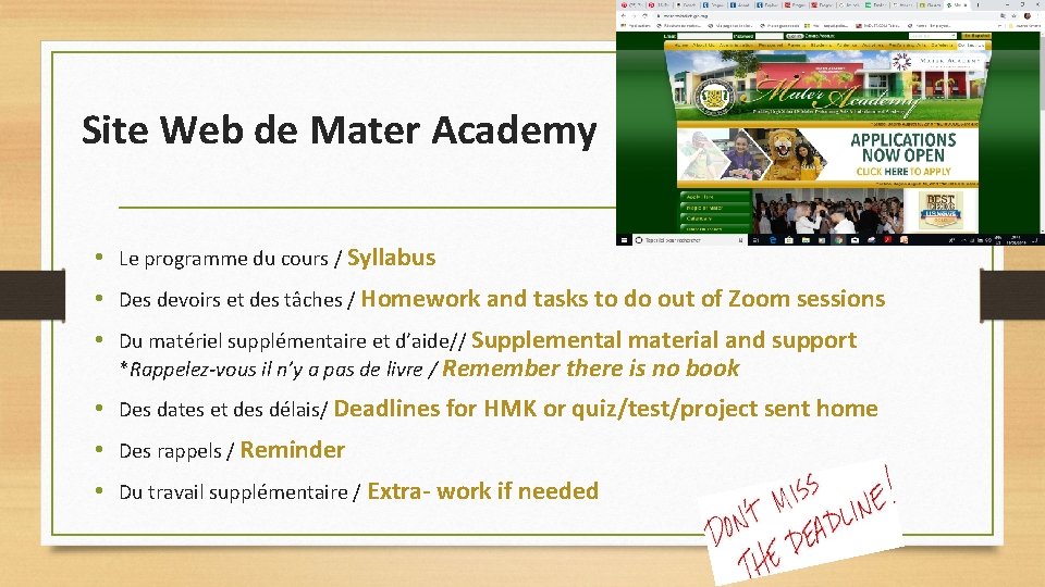 Site Web de Mater Academy • Le programme du cours / Syllabus • Des