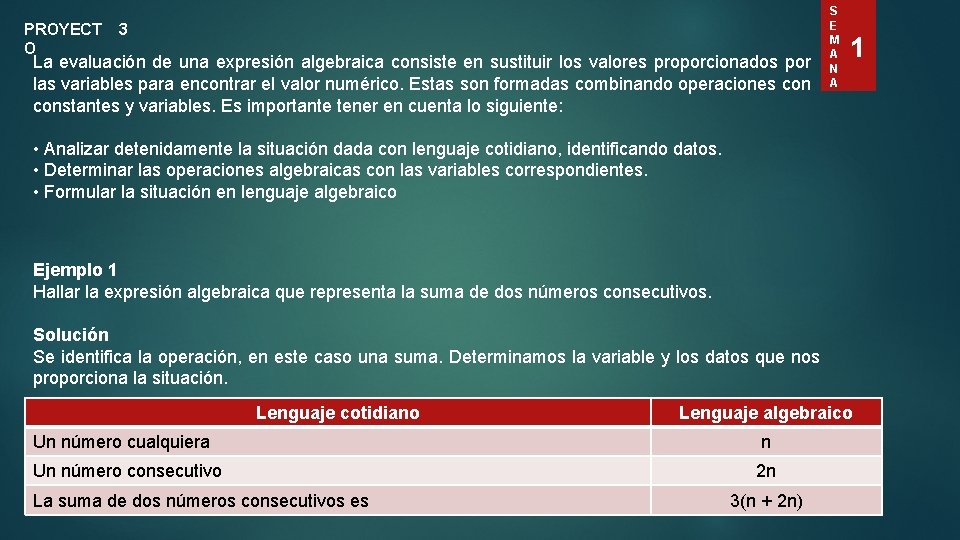 PROYECT O 3 La evaluación de una expresión algebraica consiste en sustituir los valores