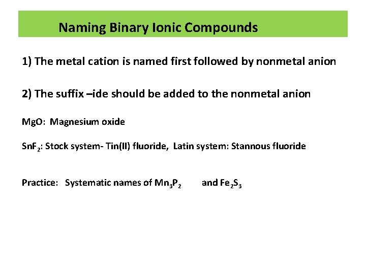Naming Binary Ionic Compounds 1) The metal cation is named first followed by nonmetal
