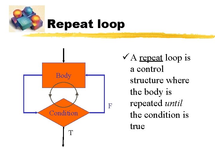 Repeat loop Body Condition T F ü A repeat loop is a control structure Repeat loop Body Condition T F ü A repeat loop is a control structure