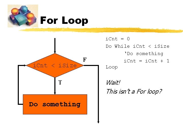 For Loop i. Cnt < i. Size T Do something F i. Cnt = For Loop i. Cnt < i. Size T Do something F i. Cnt =
