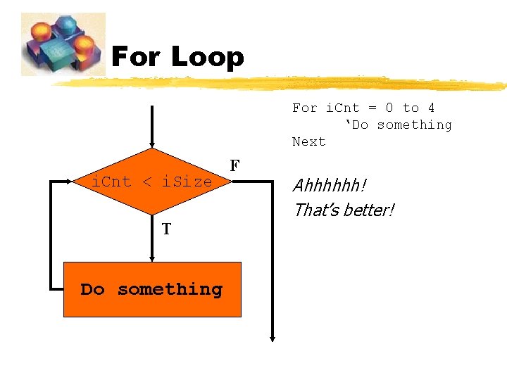 For Loop For i. Cnt = 0 to 4 ‘Do something Next i. Cnt For Loop For i. Cnt = 0 to 4 ‘Do something Next i. Cnt
