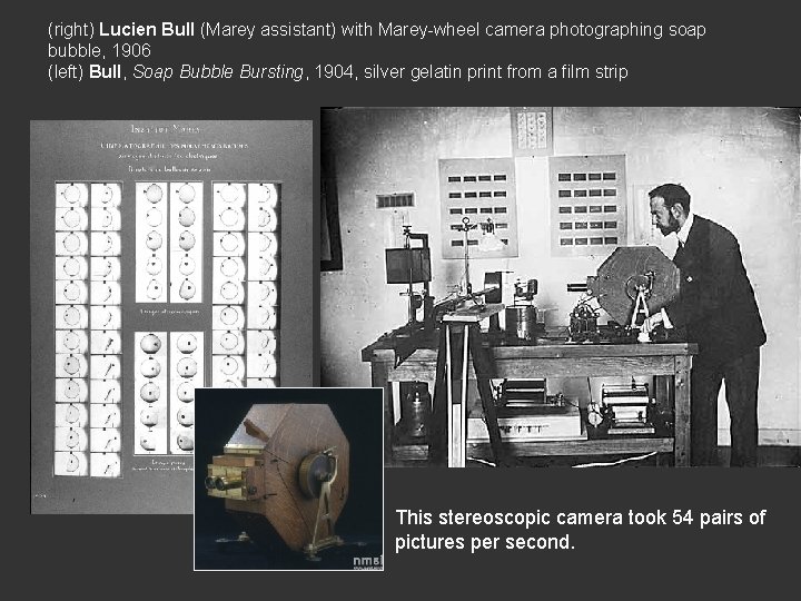 (right) Lucien Bull (Marey assistant) with Marey wheel camera photographing soap bubble, 1906 (left)