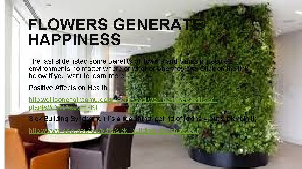 FLOWERS GENERATE HAPPINESS The last slide listed some benefits of flowers and plants in