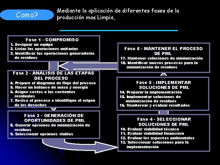 Como? Mediante la aplicación de diferentes fases de la producción mas Limpia, Fase 1