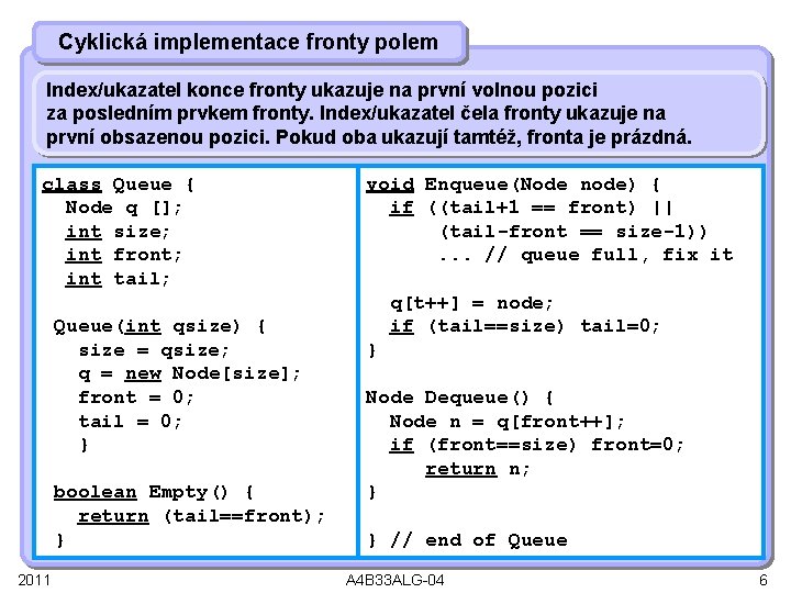 Cyklická implementace fronty polem Index/ukazatel konce fronty ukazuje na první volnou pozici za posledním