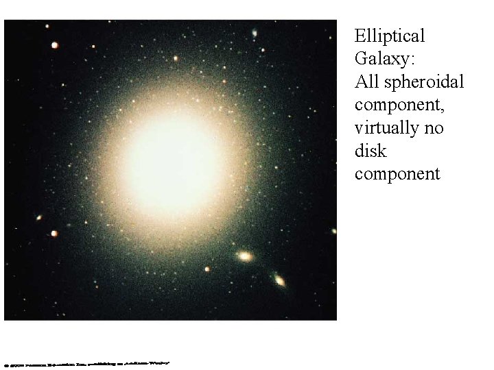 Elliptical Galaxy: All spheroidal component, virtually no disk component 