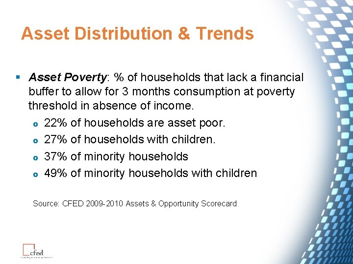 Asset Distribution & Trends § Asset Poverty: % of households that lack a financial