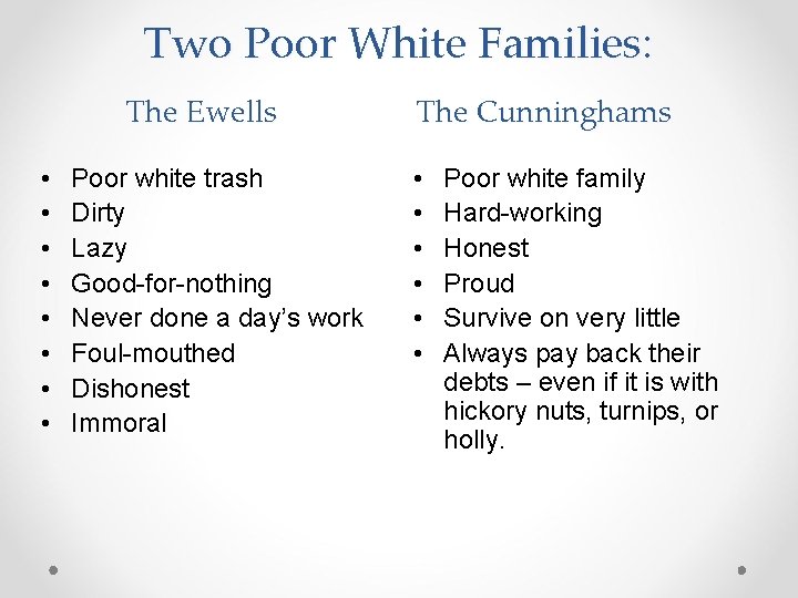 Two Poor White Families: The Ewells • • Poor white trash Dirty Lazy Good-for-nothing