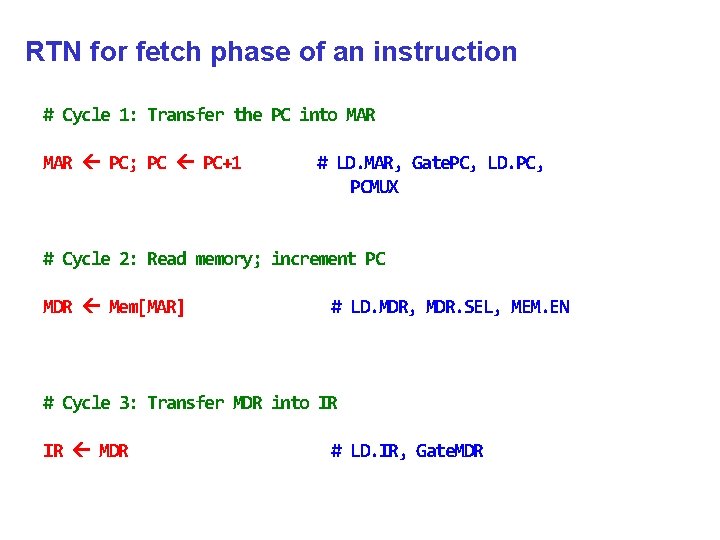RTN for fetch phase of an instruction # Cycle 1: Transfer the PC into