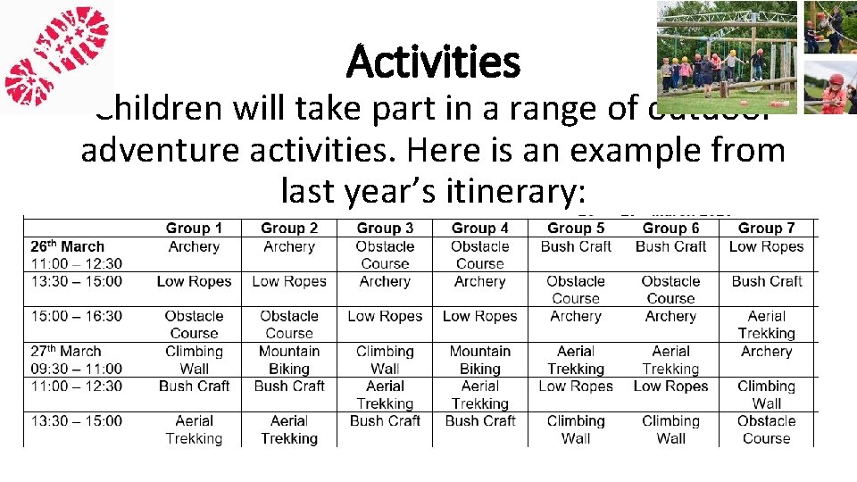 Activities Children will take part in a range of outdoor adventure activities. Here is