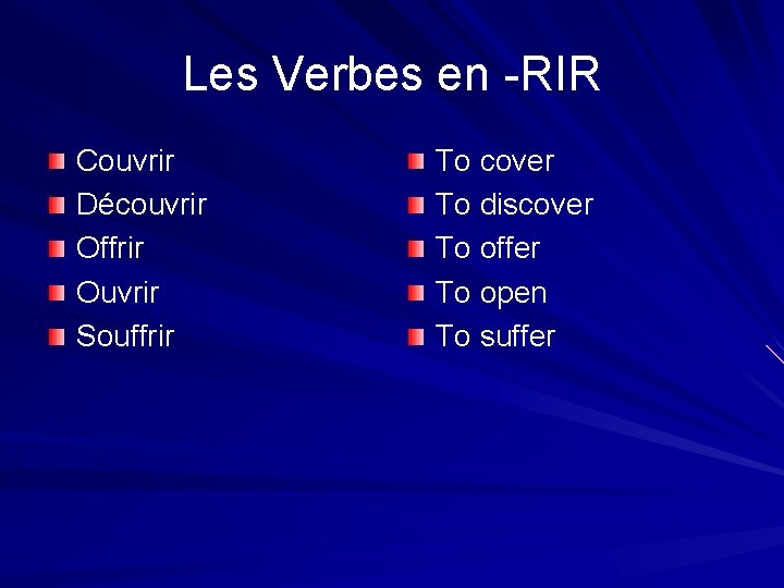 Les Verbes en -RIR Couvrir Découvrir Offrir Ouvrir Souffrir To cover To discover To