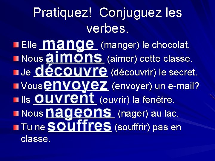 Pratiquez! Conjuguez les verbes. mange aimons découvre envoyez ouvrent nageons souffres Elle ______ (manger)