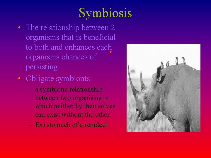 Symbiosis • The relationship between 2 organisms that is beneficial to both and enhances