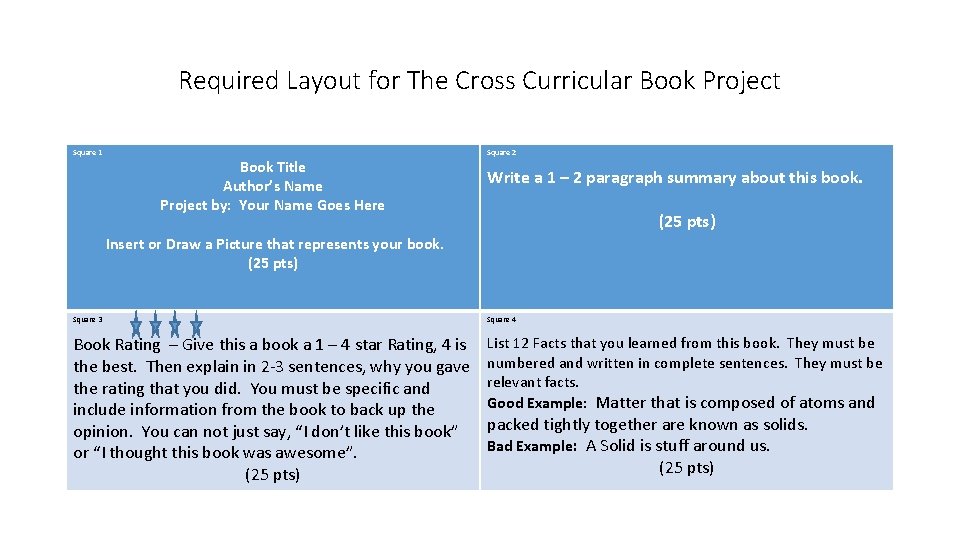 Required Layout for The Cross Curricular Book Project Square 1 Book Title Author’s Name
