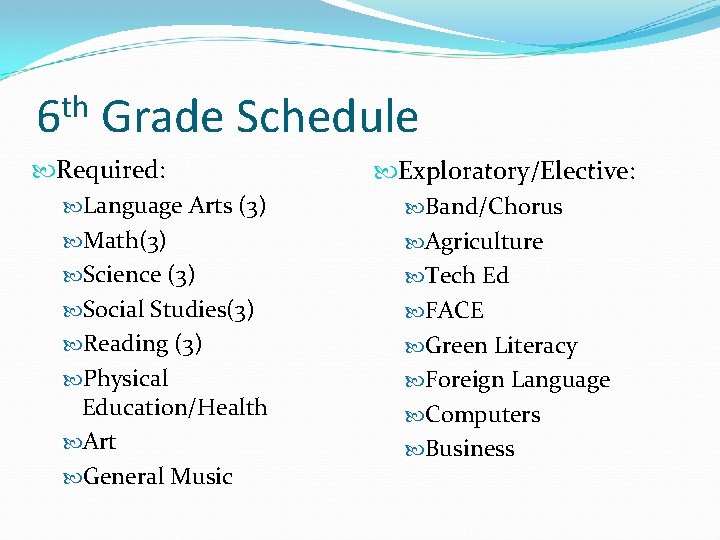 th 6 Grade Schedule Required: Language Arts (3) Math(3) Science (3) Social Studies(3) Reading