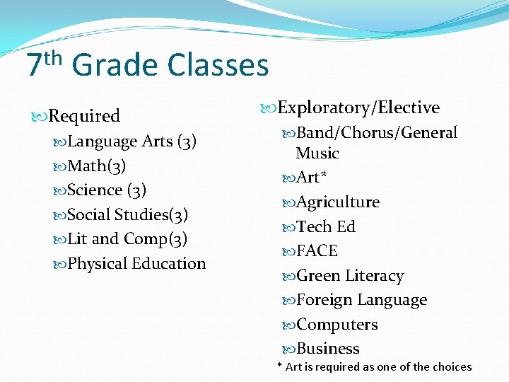 th 7 Grade Classes Required Language Arts (3) Math(3) Science (3) Social Studies(3) Lit