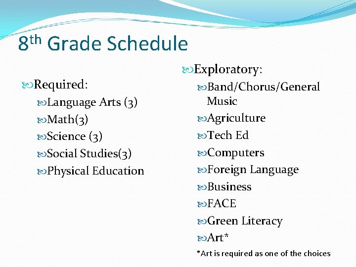 8 th Grade Schedule Required: Language Arts (3) Math(3) Science (3) Social Studies(3) Physical